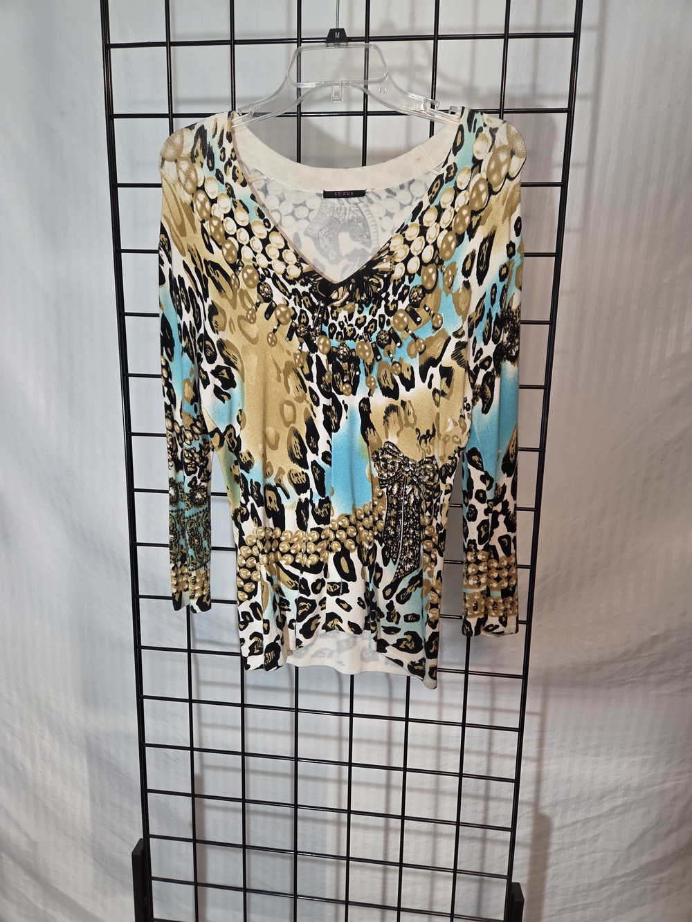 Women's V-Neck Animal Print Long Sleeve Top - Turquoise & Gold